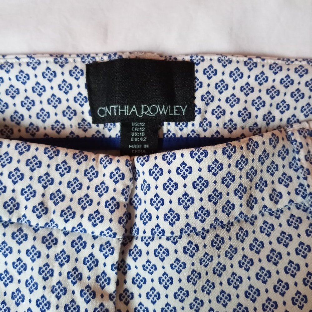 Cynthia Rowley Cropped Tap Ankle Pants Sz 12 Blue Diamond Geometric Pattern